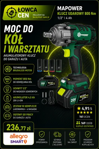 Klucz udarowy akumulatorowy MAPOWER 800 Nm 610 W bezszczotkowy