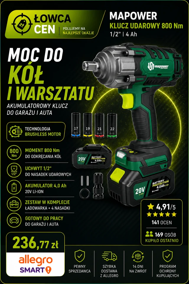 Klucz udarowy akumulatorowy MAPOWER 800 Nm 610 W bezszczotkowy