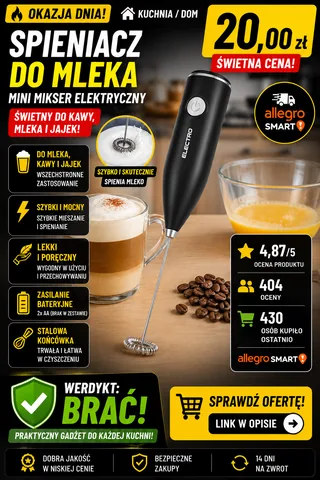 SPIENIACZ DO MLEKA JAJEK KAWY MINI MIKSER ELEKTRYCZNY RĘCZNY UBIJAK RÓŻDŻKA
