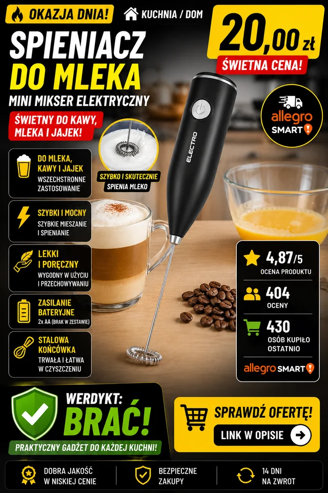 SPIENIACZ DO MLEKA JAJEK KAWY MINI MIKSER ELEKTRYCZNY RĘCZNY UBIJAK RÓŻDŻKA