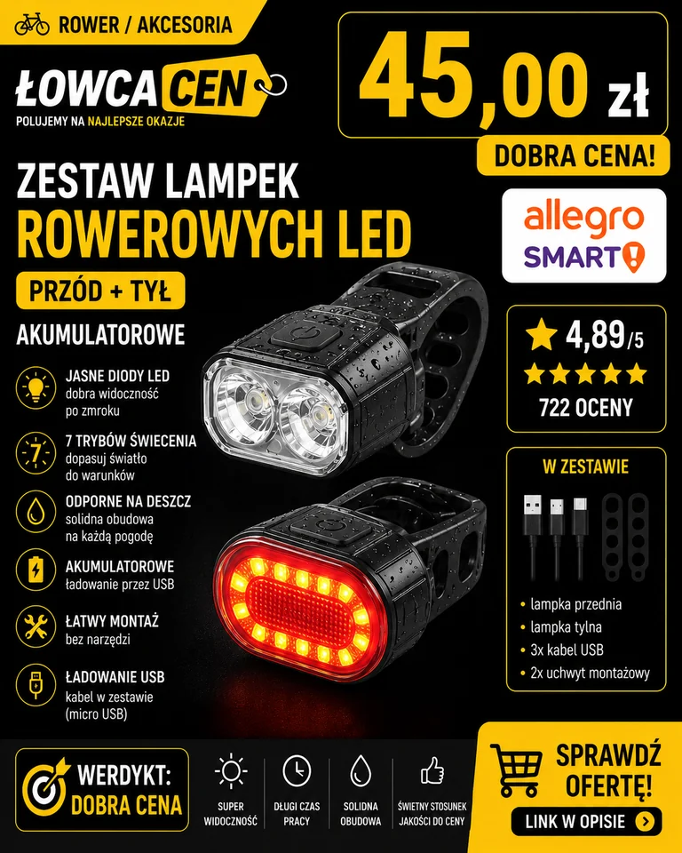 Zestaw oświetlenia rowerowego ARSA GO akumulatorowy LED 7 trybów czarny
