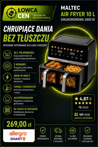 FRYTKOWNICA BEZTŁUSZCZOWA 10L AIR FRYER FRYTOWNICA DWUKOMOROWA 2800W TACKI