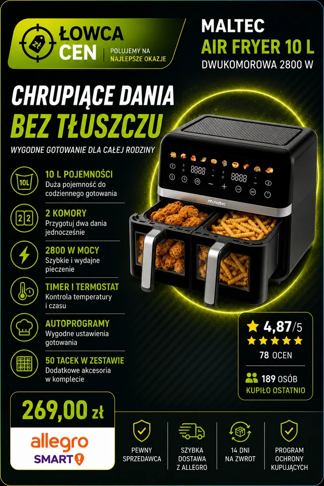 FRYTKOWNICA BEZTŁUSZCZOWA 10L AIR FRYER FRYTOWNICA DWUKOMOROWA 2800W TACKI