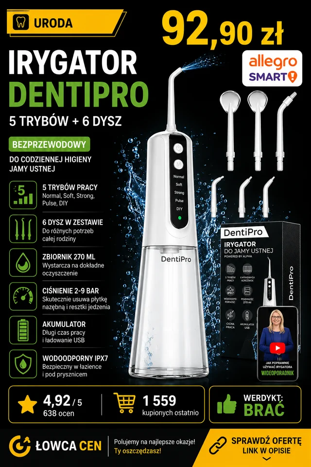 Irygator do zębów DentiPro 5 trybów + 6 dysz - bezprzewodowy i dentystyczny