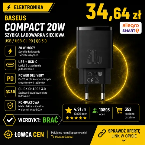 Ładowarka sieciowa Baseus Compact 1x USB-A, 1x USB-C, QC, PD 20W, czarna