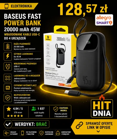 Powerbank Baseus 20000mAh 45W z wyświetlaczem z wbudowanymi kablami USB-C