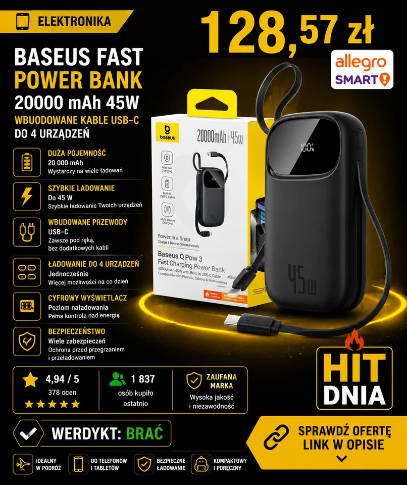 Powerbank Baseus 20000mAh 45W z wyświetlaczem z wbudowanymi kablami USB-C