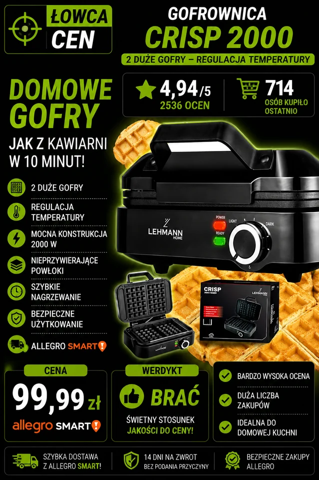GOFROWNICA NA 2 DUŻE WYSOKIE GOFRY REGULACJA TEMPERATURY CRISP 2000 MOCNA