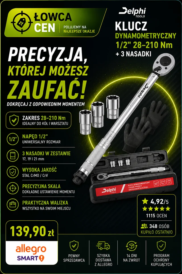 Klucz dynamometryczny Delphi tools 1/2" 28-210 Nm z nasadkami 17/19/21 mm