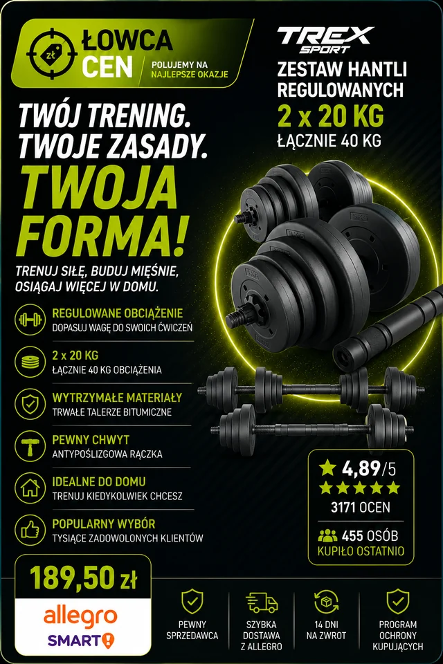 Hantle regulowane bitumiczne sztanga 40 kg zestaw hantli 2x20 kg Trex Sport