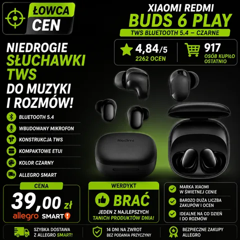 Słuchawki bezprzewodowe Xiaomi Redmi Buds 6 Play TWS Bluetooth 5.4 Czarne