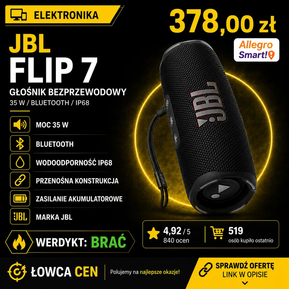 Głośnik bezprzewodowy JBL Flip 7 czarny wodoodporny IP68 AURACAST 35W