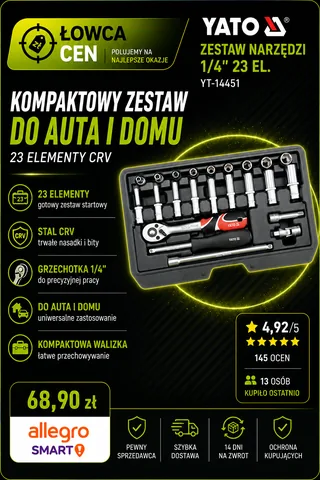 Zestaw narzędziowy klucze nasadowe 1/4" YATO YT-14451 23 elementy