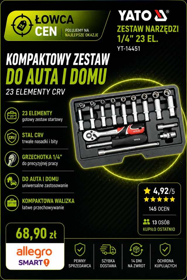 Zestaw narzędziowy klucze nasadowe 1/4" YATO YT-14451 23 elementy