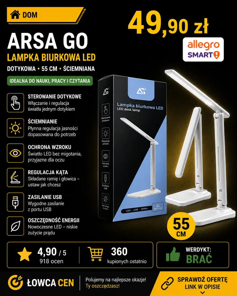 Lampka biurkowa ARSA GO biała LED dotykowa ściemniana 55 cm
