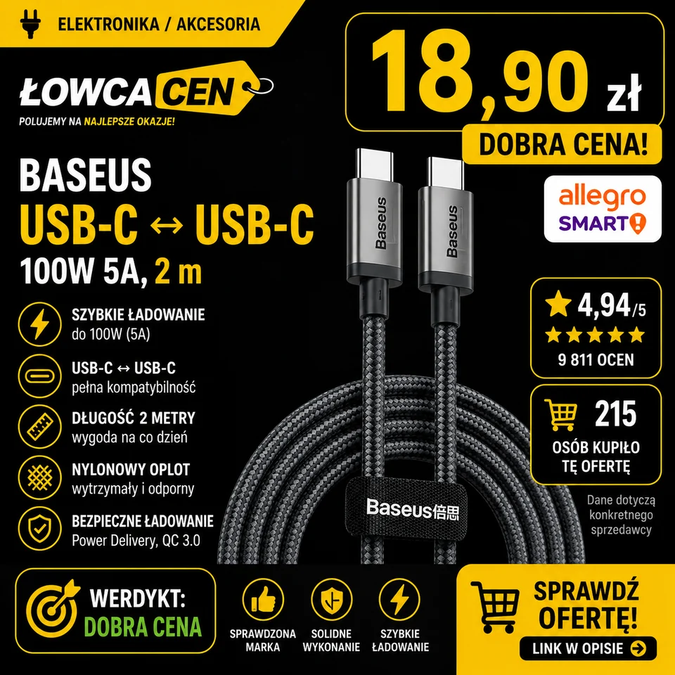 Baseus KABEL USB-C/USB-C 100W 5A Power Delivery QC 3.0 NYLONOWY OPLOT 2m