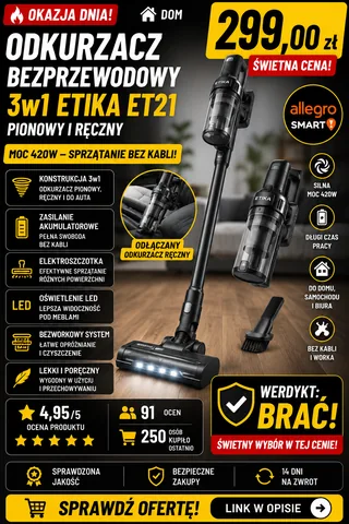 Odkurzacz pionowy bezworkowy 3w1 Etika ET21 420 W czarny