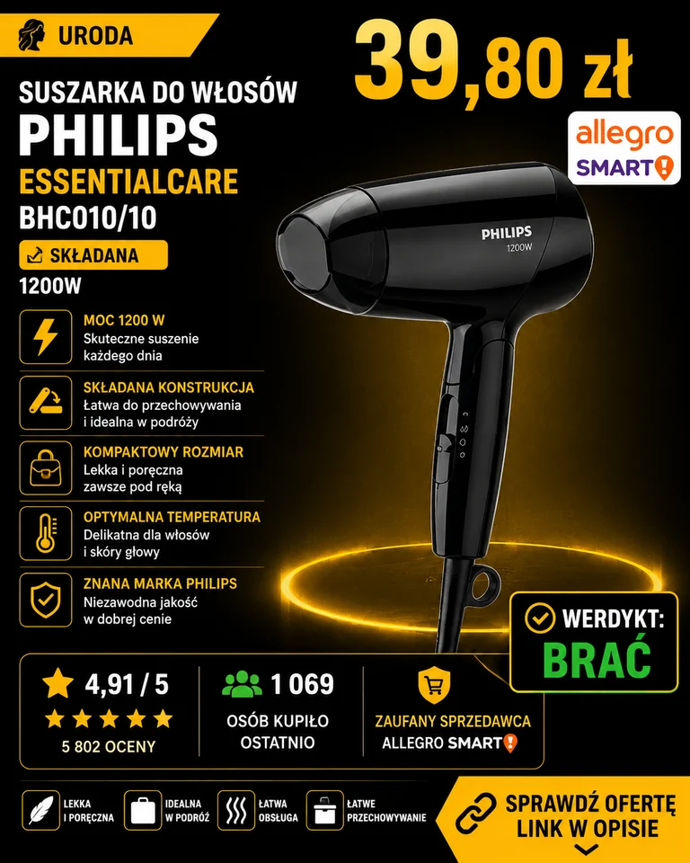 Suszarka do włosów składana turystyczna Philips Essential 1200W BHC010/10