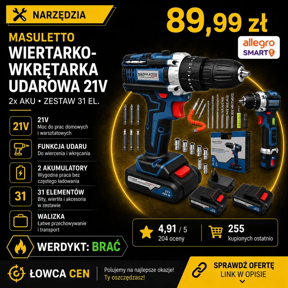 Wkrętarka akumulatorowa Masuletto 21 V 2x2,6 Ah udarowa z walizką