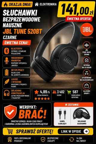 Słuchawki bezprzewodowe nauszne JBL Tune 520BT czarne