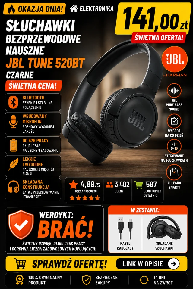 Słuchawki bezprzewodowe nauszne JBL Tune 520BT czarne